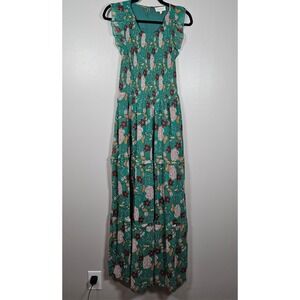 Melloday Women's Green Floral Smocked Maxi Dress Tiered Ruffle Cap Sleeve L